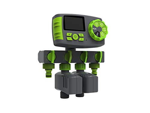 Preisvergleich Produktbild Automatisch 4-Auslässe Bewässerungscomputer Wasser Zeitschaltuhr inkl. EIN 4-Fach-Wasserverteiler, 2 Magnetventile Garten Bewässerungsuhr Bewässerungssystem, Grün