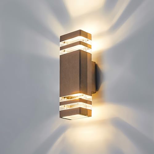 CELAVY Outdoor Wall Lights Mains Powered Outside Up Down Lights, IP65 LED Porch Front Door Light, Waterproof Square GU10 Exterior Modern Lighting External Electric Sconce Lamp for House, Brown