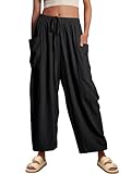 LILLUSORY Women Linen Summer Spring Fashion Outfits Palazzo Casual Flowy Pants Wide Leg Trouser Boho Lounge Drawstring Loose Lightweight Beach Trendy Harem Hippie Clothes with Pocket Black L