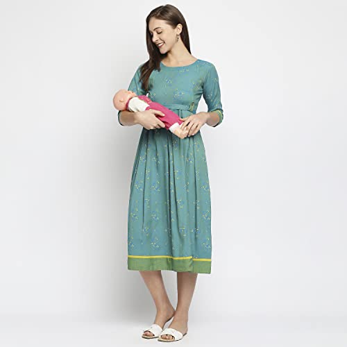 Image of DUMMY SHAPE Maternity Dress For Women | Anarkali Feeding Kurti Gown For Mothers With Nursing Zippers For Breastfeeding In Cotton Viscose | Pregnancy Gifts (DS-MAT-P049-4XL, Turquoise)