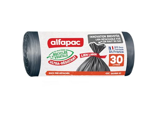 alfapac 20 sacs poubelle à lien large ultra resistant fabriqués en France bi matière recyclée & végétale