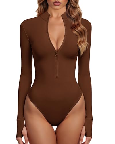 GJY Bodysuits for Women, One Piece Zip Front Long Sleeve Tops, Jumpsuits, Russet Brown, S
