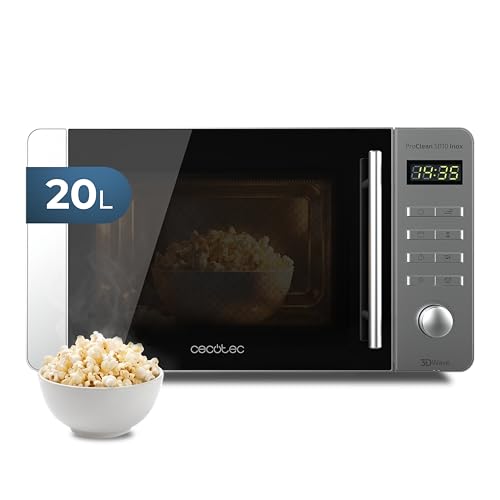 Cecotec Micro-ondes Proclean 5010 Inox Wave. 700W, Capacité 20L, Revêtement Ready2Clean, 5 Niveaux de Fonctionnement, 8 Programmes, Technologie 3DWave, Minuterie, Design Frontal et Poignée Inox