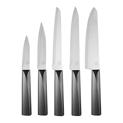 MasterChef Knife Set of 5 Professional Quality, Sharp Kitchen Knives with Stainless Steel Blades Stylish Black Japanese-Style Handles, 5 Piece, Plastic Cover