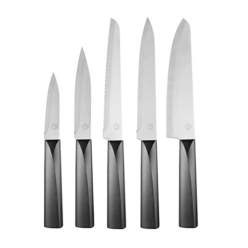 MasterChef Knife Set of 5 Professional Quality, Sharp Kitchen Knives with Stainless Steel Blades Stylish Black Japanese-Style Handles, 5 Piece, Plastic