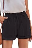 SESERAGI Womens Cotton Linen Shorts Casual Comfy Lightweight Cuffed Shorts Summer Elastic Waist Pockete Lounge Shorts Wide Leg Mid Rise Teenagers Women Shorts Black XL