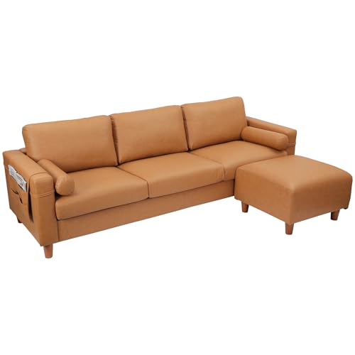 Vesgantti 100" Faux Leather Couch with Movable Ottoman, 3 Seater L Shaped PU Leather Sofa with Side Pocket, Comfy Mid Century Modern Modular Sectional Couch for Living Room, Apartment, Camel