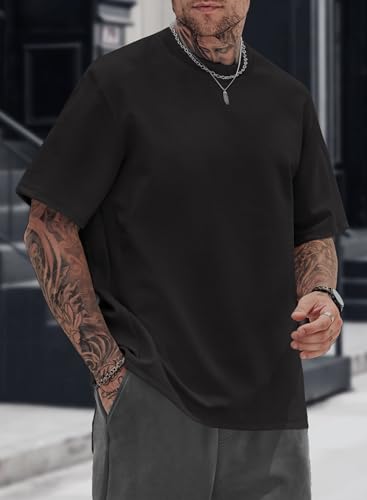 Image of Herberton Mens Oversized T-Shirts Heavyweight Cool Cotton Crew Neck Stretch Fashion Summer Thick Tee Tops Black L
