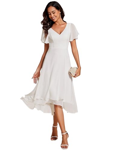 Ever-Pretty Robe Témoin de Mariage Asymétrique High Low Col V Manches Volantées Mousseline Midi Taille Empire Belle Robe Soirée Chic Blanc 38