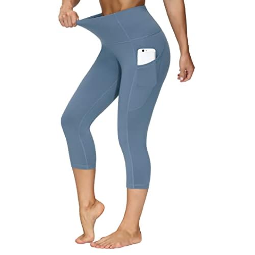 THE GYM PEOPLE Thick High Waist Capris Yoga Pants with Pockets, Tummy Control Workout Running Yoga Leggings for Women Grey Blue Medium