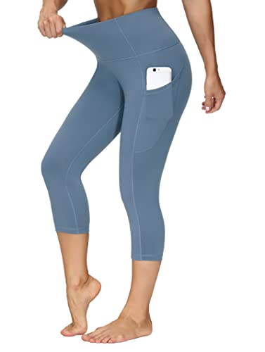 Image of THE GYM PEOPLE Thick High Waist Capris Yoga Pants with Pockets, Tummy Control Workout Running Yoga Leggings for Women