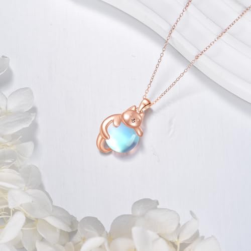 925 Sterling Silver Moonstone Cat Necklace for Women Cat Pendant Necklace 18K Rose Gold Plated Jewelry Gift for Cats Lovers Anniversary Birthday Gift for Her2