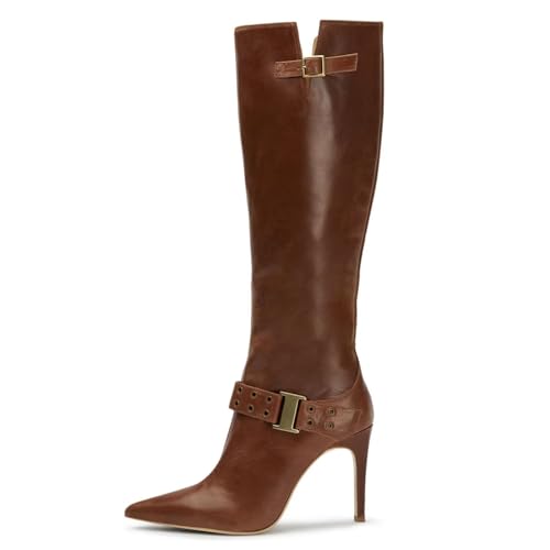 Agodor Fashion Riding Boots Women's Knee High Boots Pointed Toe Stiletto Side Zip Chic Belt Buckle Boots Winter Boots