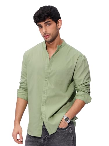 Image of The Souled Store Solids : Ecru Beige Men and Boys Collared Neck Long Sleeve Button Front Regular Fit Cotton Linen Shirt