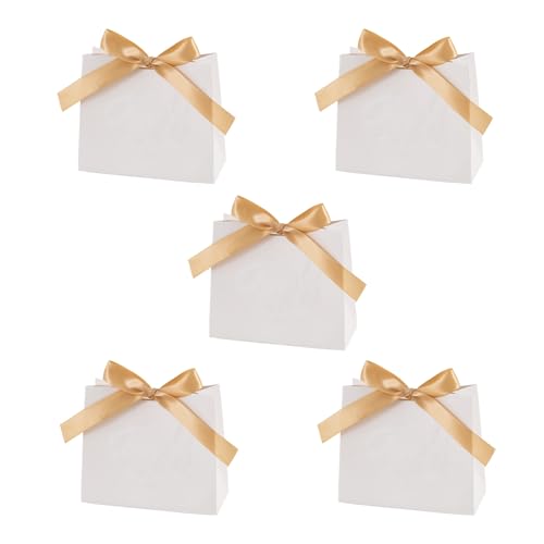 Cuixia 5Pcs Mini Gift Bags with Ribbons Small White Party Bag for Birthday Wedding Baby Shower Graduation - Gold Ribbons (4.48 x 1.77 x 3.93 inches)