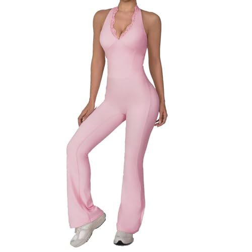 KAIFUYING Women Workout Scrunch Flare Jumpsuits Lace Deep V Hanging Neck Halter Backless Butt Lift Gym Yoga Jumpsuits SexyJumpsuits Workout Jumpsuits for women pink-M