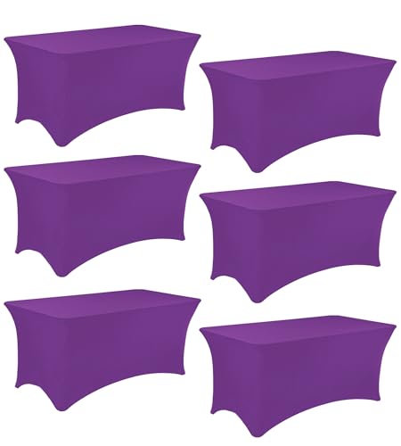Image of 6 Pack 6FT Spandex Table Covers Washable Wrinkle Resistant Fitted Rectangle Tablecloth for Folding Table Wedding Party Birthday Banquet Bar Events(Purple)