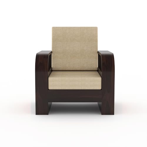 Image of Sheesham Wood 1-Seater Sofa Chair - Solid Wooden Armchair with Cream Cushion, 40 Density Foam, Walnut Finish - Single Seater Sofa for Living Room & Home Office