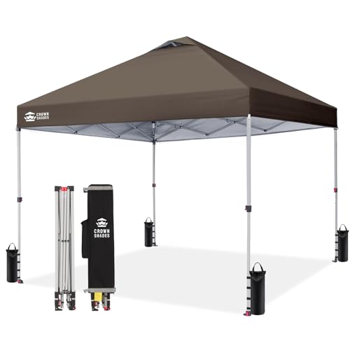 CROWN SHADES 10x10 Pop Up Canopy - Beach Tent with One Push Setup - Outdoor Sun Shade for Events, Parties, Camping - Gazebo with STO-N-Go Cover Bag, Silver Coated Top, 3 Height& 4 Sand Bags, Coffee