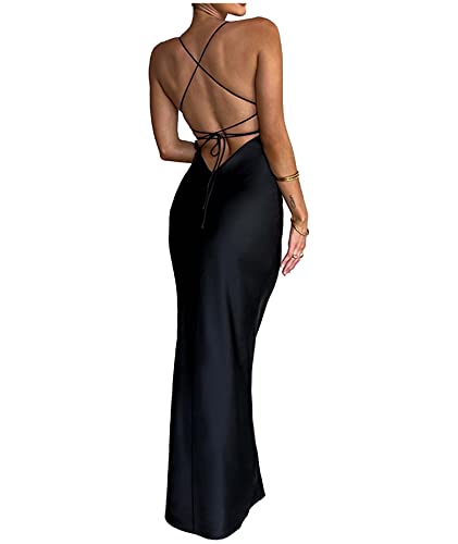 xxxiticat Women's Slip Maxi Dress Sleeveless Open Back Backless Lace Up Bandage Criss Cross Mermaid Satin Party Dress2