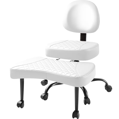 Image of Furmax Ergonomic Criss Cross Legged Office Chair with Wheels, 360Swivel Adjustable Height Kneeling Desk Chair with Footrest for ADHD, Yoga, Meditation, Home Office (Leather, White)