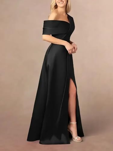 Women's One Shoulder Prom Dress with Slit Satin Floor Lenght Formal Evening Dress A Line Wedding Guest Dress4