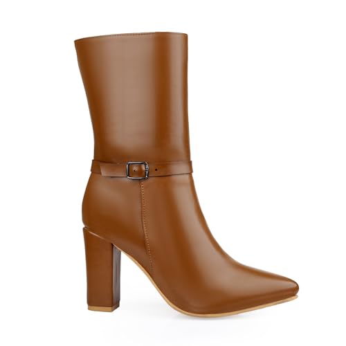 Image of Women's 3.5 Inch Block Heel Height, Classic Leather-Stylish Mid Calf (Half Boot) Buckle Boots