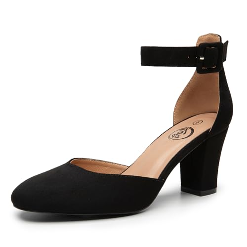 Trary Heels for Women, Low Heel Closed Round Toe Chunky Block Nude Heels Adjustable Ankle Strap Comfy Pumps Shoes Black Heels for Women Versatility Heels Wedding Daily Dressy 2.75