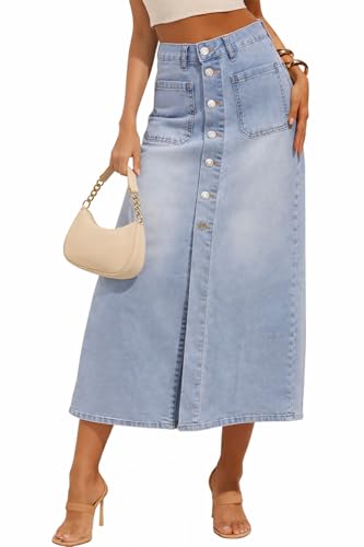 YUNDAI Women’s High Waist Denim Midi Skirt with Pocket Front Slit Button Down Jean Skirt