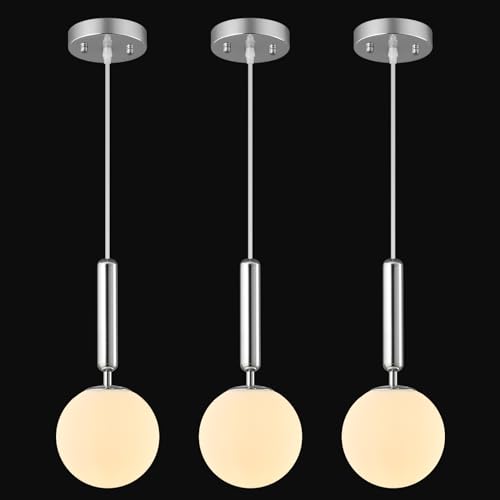 Image of Modern Hanging Light Fixture Pendant Lighting for Kitchen Island Mid Century Chrome Pendant Lights with Globe Milky White Glass Pendant Light for Bedroom Bathroom Entryway (3 Pack)