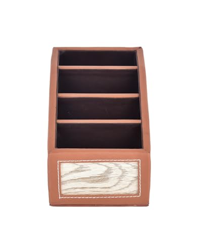 Image of Premsons Classic Remote Holder - 4 Section Tabletop Organizer in Light Brown | Faux Leather with Refined Wooden Finish | Decorative & Practical Organizer - Orange