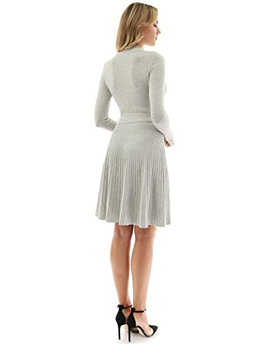 PattyBoutik Women Mock Neck Fit-and-Flare Knit Sweater Dress (Light Gray Medium) - Thumbnail 3
