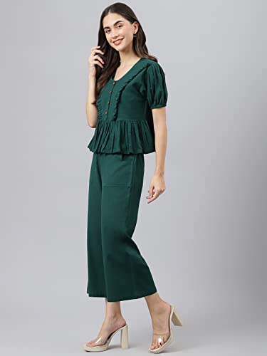 Image of DEEBACO Women's Solid Calf Length Top with Trouser|V-Neck|Short Sleeve|Cord Set for Women Cotton|Jumpsuits Western Dress for Women Stylish|Two Piece Co ord Set|Party Casual Wear(Aqua Blue)