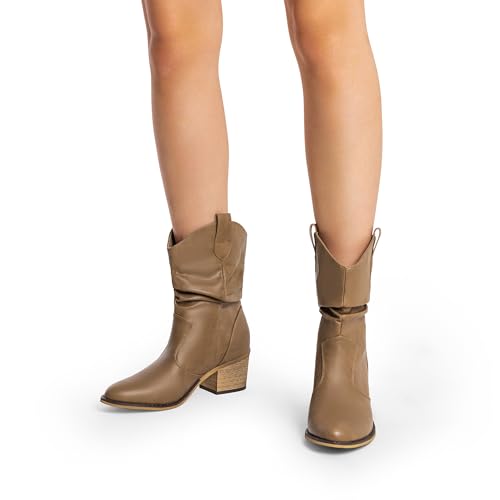 DREAM PAIRS Women's Modern Western Cowboy Boots, Mid Calf Round toe Chunky Heel Cowgirl Country Ankle Boots with Pull On Tabs 5