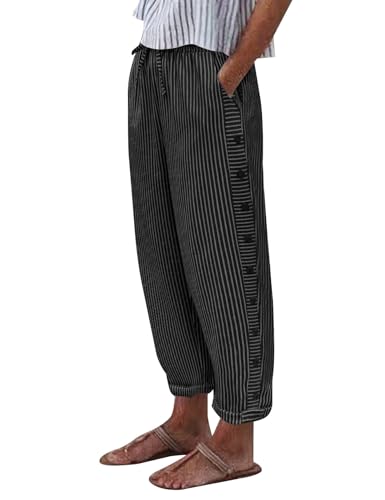 Voqeen Womens Wide Leg Trousers Side Button Elastic Waist Cropped Trousers for Women Ladies Casual Striped Summer Trousers with Pockets and Drawstring Lightweight Palazzo Pants for Holiday Beach Work Voqeen Womens Wide Leg Trousers Side Button Elastic Waist Cropped Trousers for Women Ladies Casual Striped Summer Trousers with Pockets and Drawstring Lightweight Palazzo Pants for Holiday Beach Work