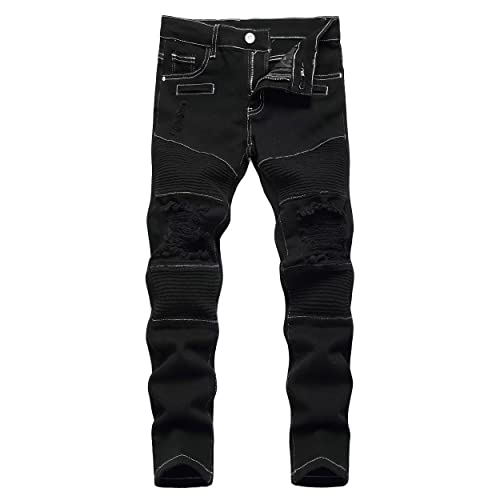Boys Skinny Fit Moto Wrinkled Stretchy Ripped Distressed Jeans Pants