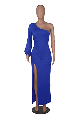 Women's One Shoulder Cocktail Party Maxi Dress Long Sleeve Sexy Thigh Side Slit Formal Long Bodycon Ruched Dresses Blue Xxl #TOP4