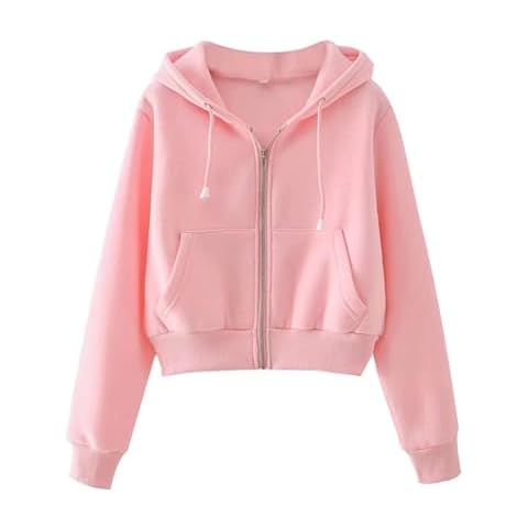 PUWEI Women's Casual Workout Long Sleeve Zip Up Crop Top Hoodie Fleece Sweatshirts(1068-01Pink-S) Cover