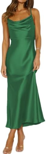 Summer Satin Spaghetti Strap Cowl Neck Backless Midi Dresses for ...