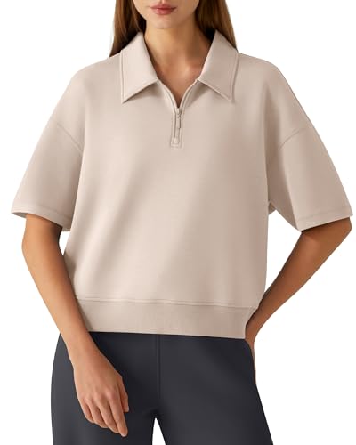 G4Free Womens Polo Shirts Short Sleeve V-Neck with 1/4 Zip Collar Shirts Drop Shoulder Tops Supre Soft for Golf Tennis(Light Khaki M)