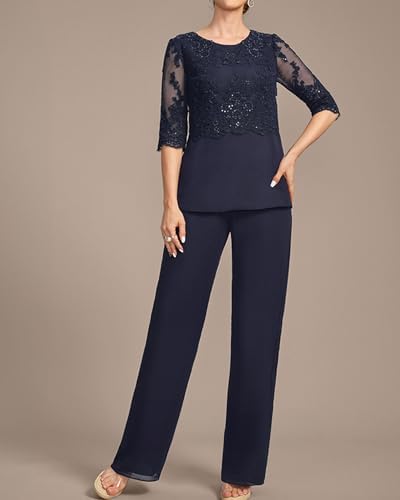 Mother Pant Suits for Women Dressy - 3 Pieces Lace Chiffon Mother of The Groom Pant Suits with Jacket