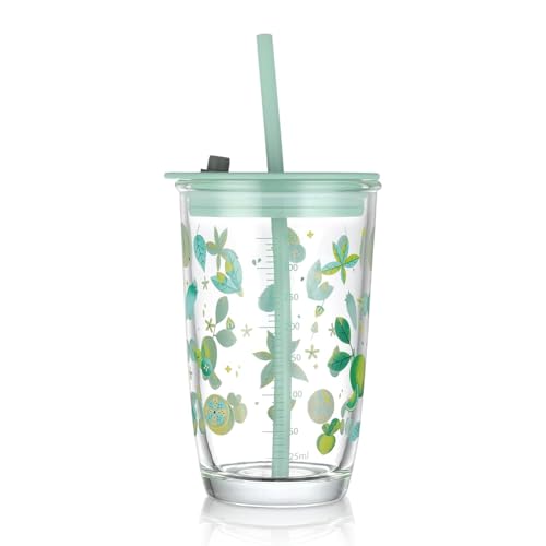 Image of Glass Tumbler with Scale, Straw and Lid, Portable Glass Drinking Jar with Lemon Pattern, Thick Glass Cup for Coffee Juice Milkshake (430ML, Pack of 1, Multicolor)