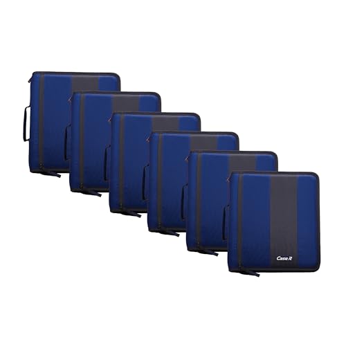 Case-it Classic Zipper Binder | 2-Inch O-Rings, 350 Sheet Capacity, Multiple Storage Pockets & Shoulder Strap | School & Office Organizer | D-251 Midnight Blue | 6 Pack