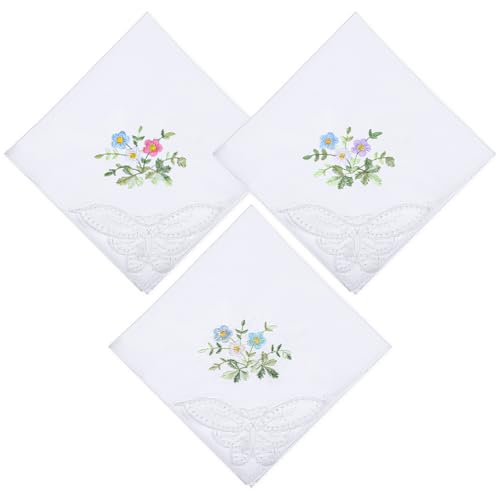 Ymapinc 3PCS Embroidered Cotton Ladies Handkerchiefs Vintage, White Lace Handkerchief