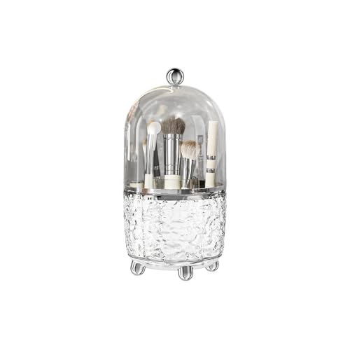 JUPITER WARRIOR Makeup Brush Holder with Lid, 360° Rotating Cosmetic Tools Organizer with Cover, Dustproof Spinning Makeup Brush Organizer for Vanity, Ideal Gift for Girlfriend Wife Friends (Clear)