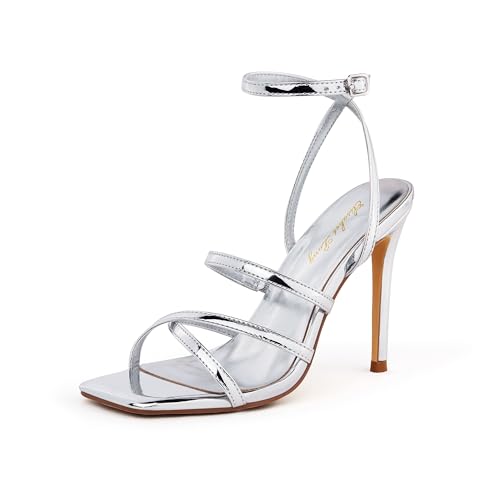 Image of Elisabet Tang Women's Crystal Stilettos Heeled Sandals, 4 Inch Square Open Toe Strappy Sexy High Heels Ankle Strap Buckle Heels for Party Wedding Dress Daily Wear Shoes