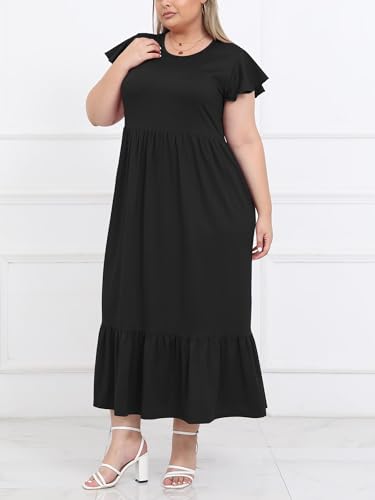 Moon Wood Women's 2025 Plus Size Casual Dress Crew Neck Ruffle Short Sleeve Summer Maxi Dresses with Pockets3