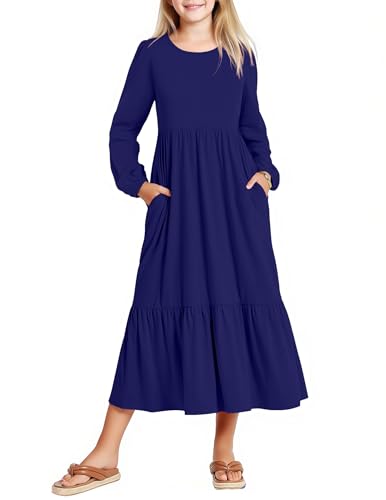 Arshiner Abiti per Ragazze Blu Navy Abito Bambini Maniche Lanterna