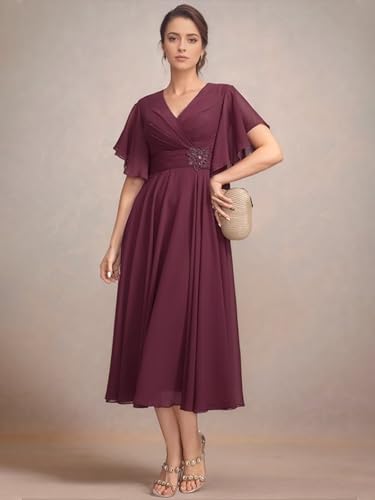 RunaCelle Flutter Sleeve Chiffon Mother of The Bride Dresses for Women Wedding Guest Dress V Neck Tea Length Formal Gown4