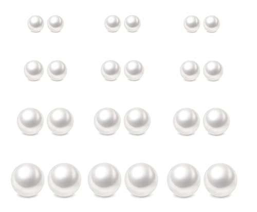 12 Pairs Pearl Studs Earrings for Women, Stainless Steel Hypoallergenic White Faux Simulated Pearl Earrings, 4 Mixed Sizes Round Ball Jewelry for Wedding Birthday Christmas